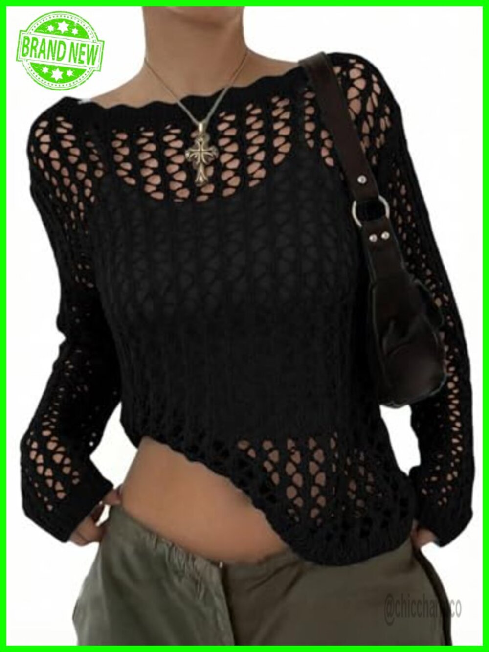 Womens Crochet Long Sleeve Pullover Sweater Hollow Out Knit Top
